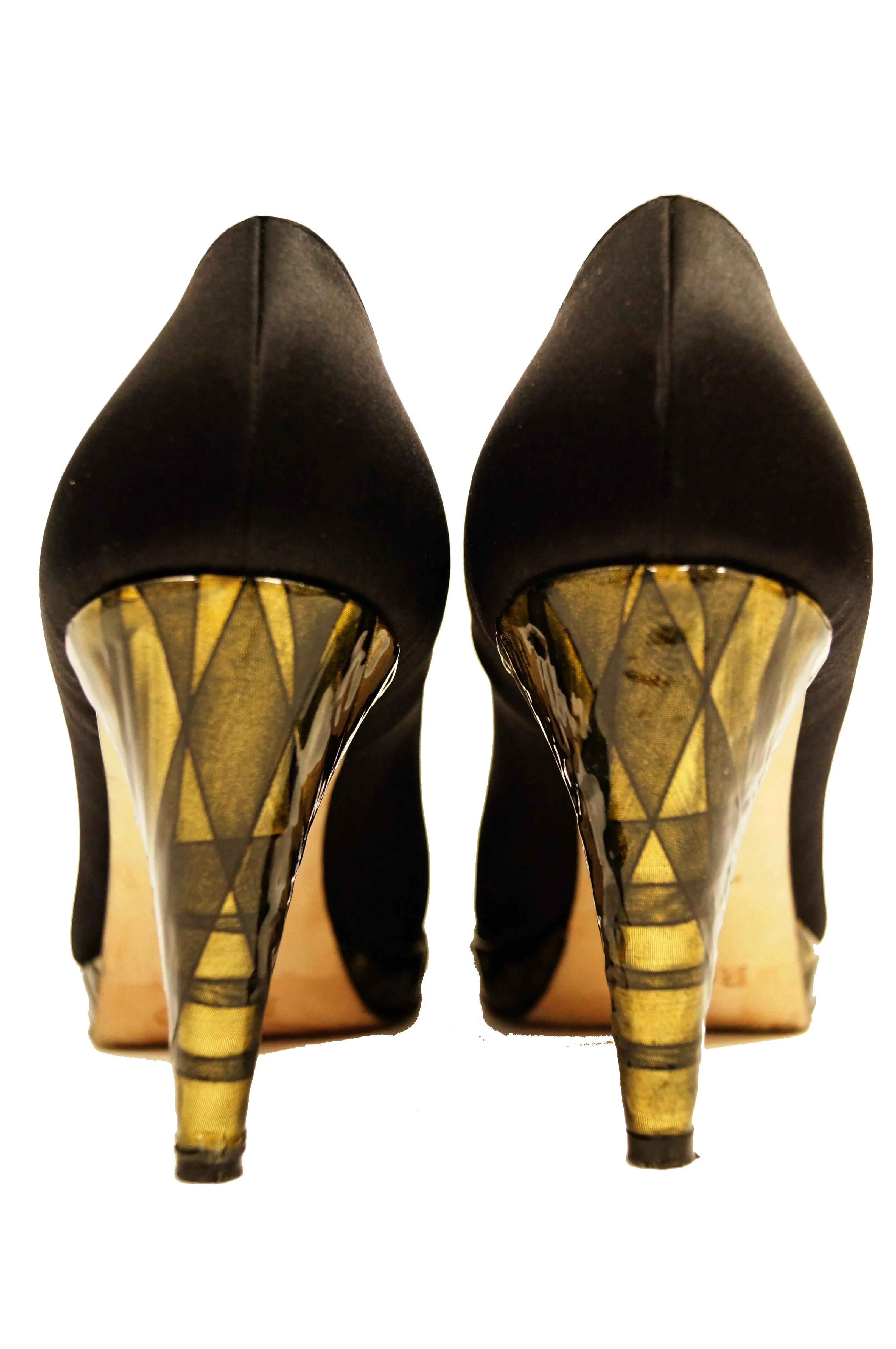 1980s Rodo Black Satin Pumps with Gold Stained Glass Style Heel