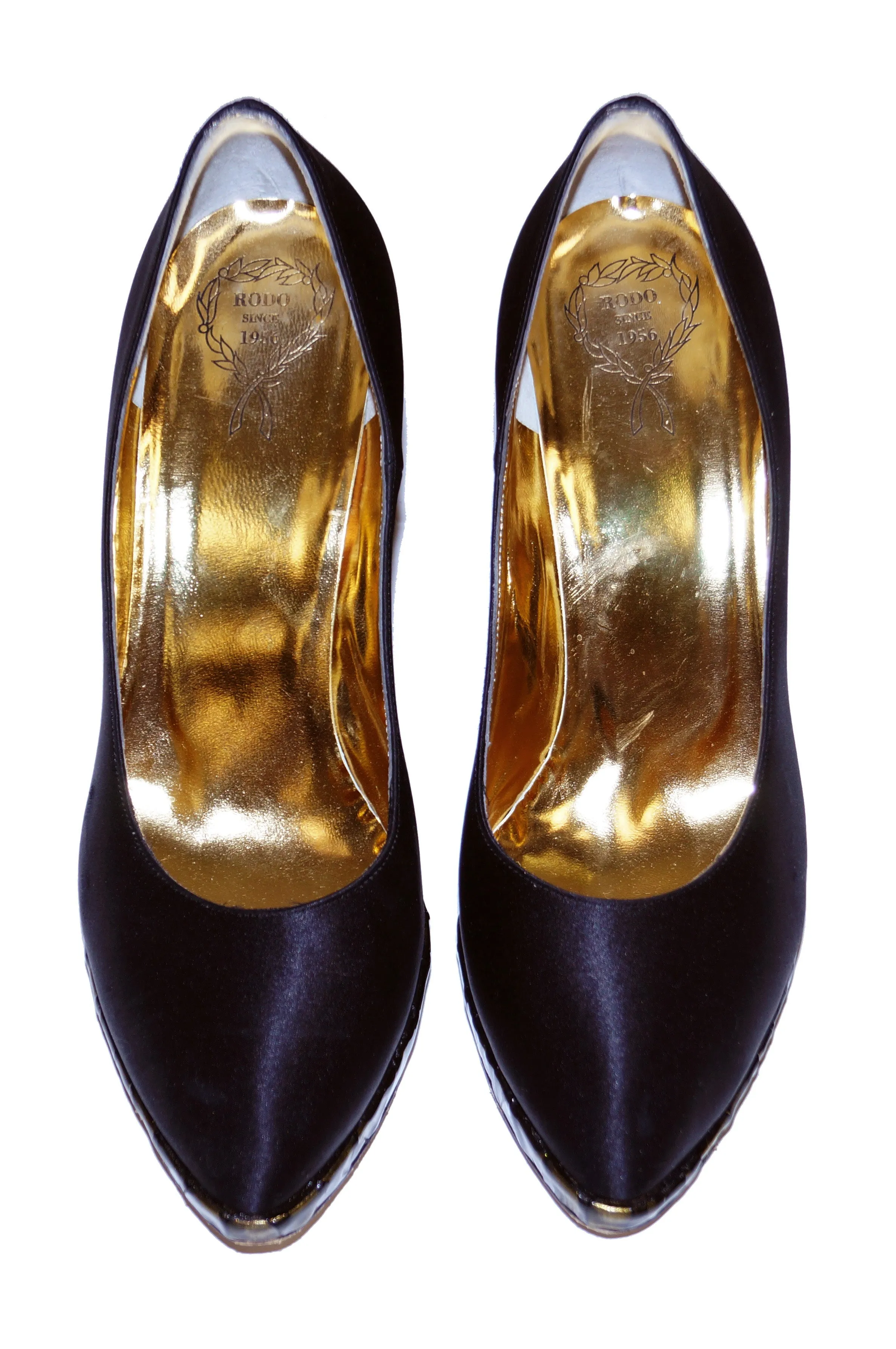1980s Rodo Black Satin Pumps with Gold Stained Glass Style Heel