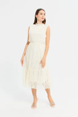 Woman Ivory Jacquard Lace Dress